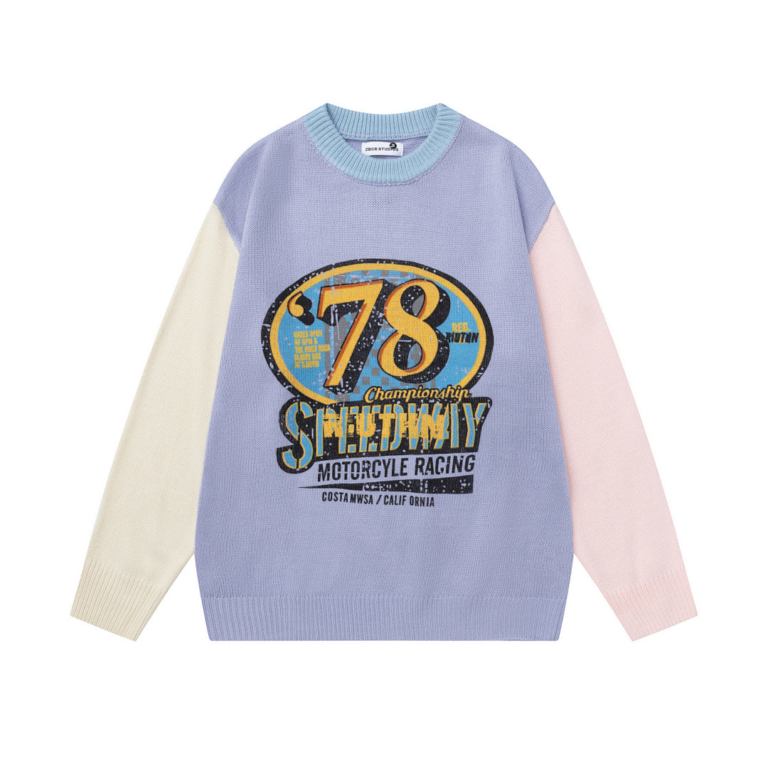 Color‑Block Spliced Sleeve 78 Racing Graphic Crewneck Knit Sweater