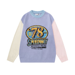 Color‑Block Spliced Sleeve 78 Racing Graphic Crewneck Knit Sweater