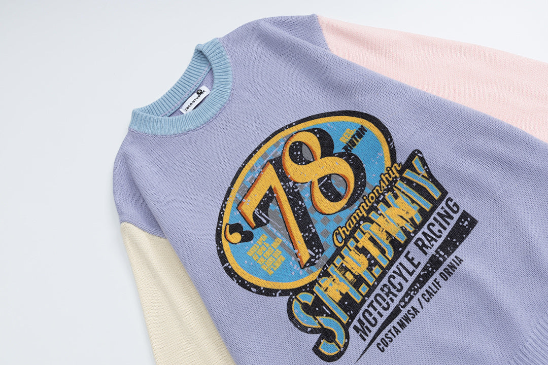 Color‑Block Spliced Sleeve 78 Racing Graphic Crewneck Knit Sweater