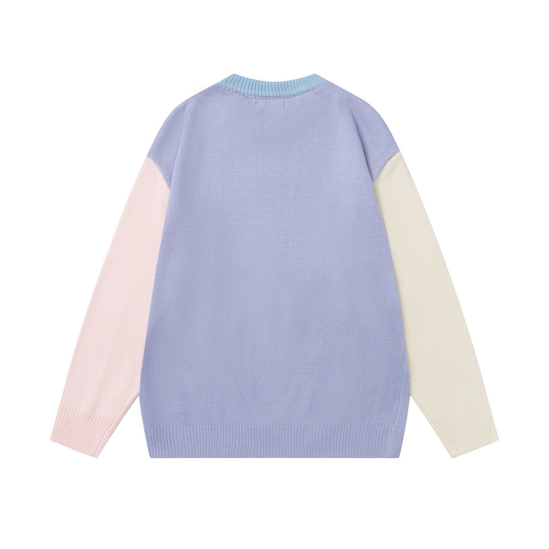 Color‑Block Spliced Sleeve 78 Racing Graphic Crewneck Knit Sweater