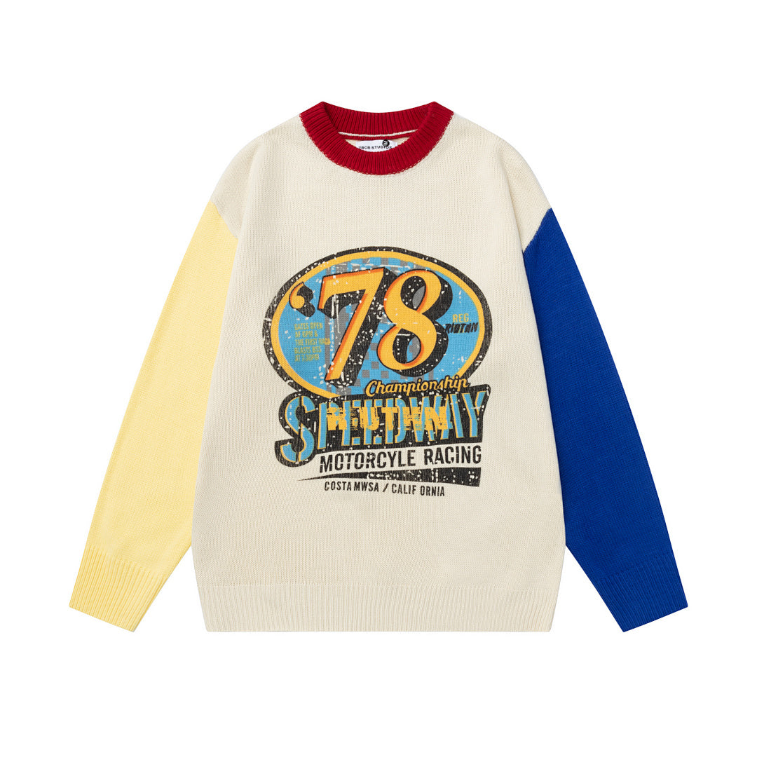Color‑Block Spliced Sleeve 78 Racing Graphic Crewneck Knit Sweater