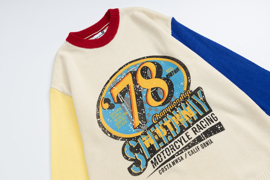 Color‑Block Spliced Sleeve 78 Racing Graphic Crewneck Knit Sweater