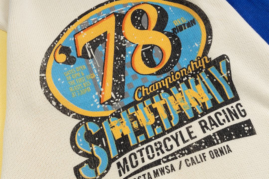 Color‑Block Spliced Sleeve 78 Racing Graphic Crewneck Knit Sweater