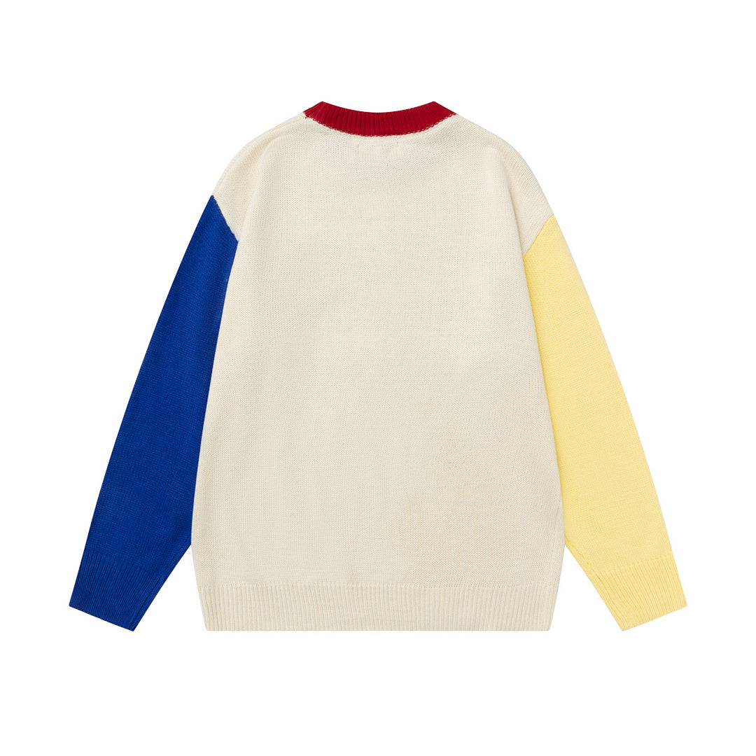 Color‑Block Spliced Sleeve 78 Racing Graphic Crewneck Knit Sweater