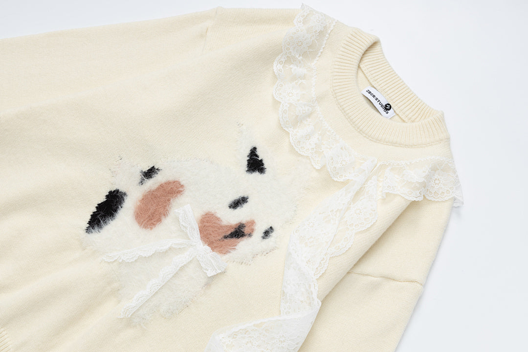 Lace Ruffle Bow Crewneck Sweater With Fuzzy Cow Motif