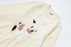 Lace Ruffle Bow Crewneck Sweater With Fuzzy Cow Motif