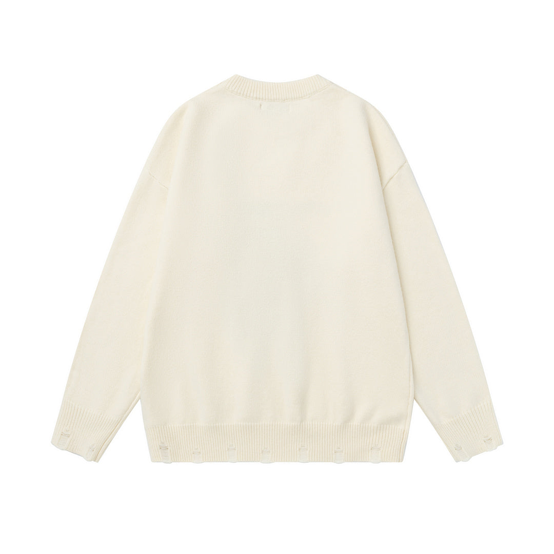 Lace Ruffle Bow Crewneck Sweater With Fuzzy Cow Motif