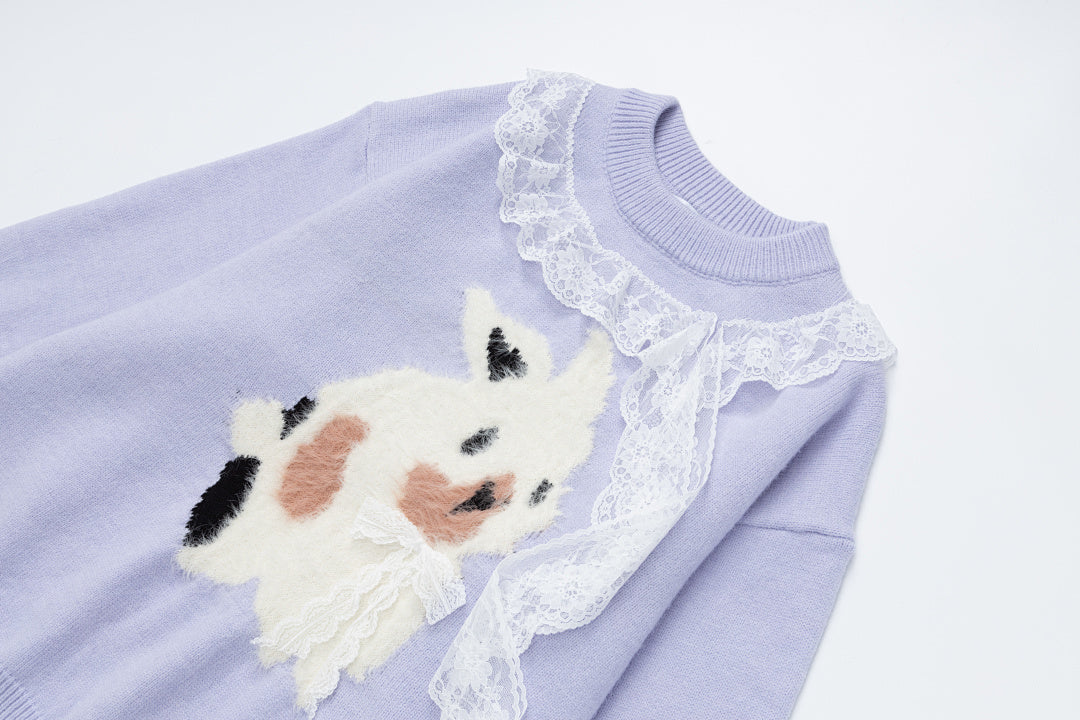 Lace Ruffle Bow Crewneck Sweater With Fuzzy Cow Motif