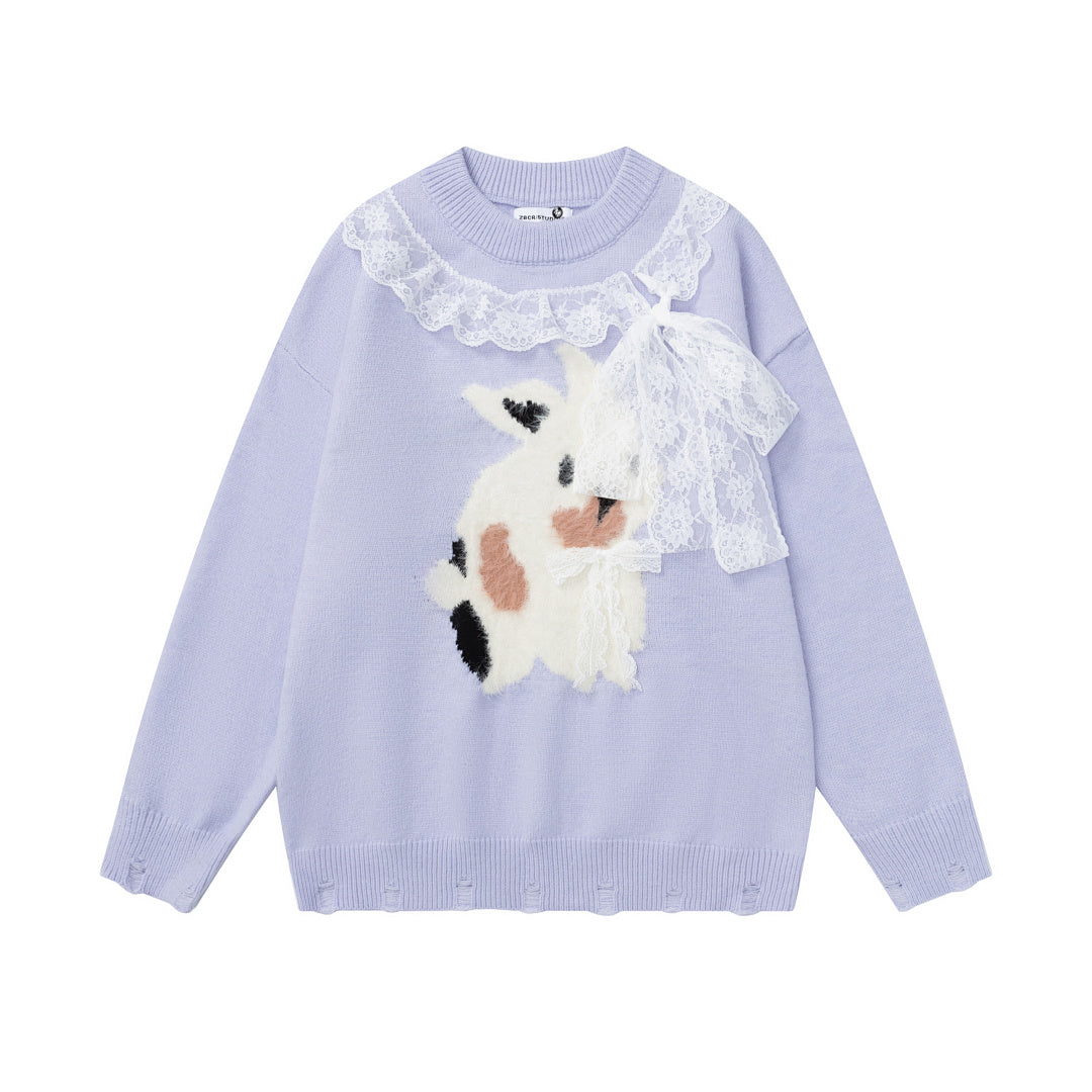 Lace Ruffle Bow Crewneck Sweater With Fuzzy Cow Motif