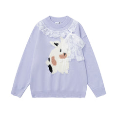 Lace Ruffle Bow Crewneck Sweater With Fuzzy Cow Motif