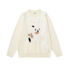 Lace Ruffle Bow Crewneck Sweater With Fuzzy Cow Motif