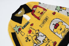 Polo Collar Fuzzy Knit Sweater Cartoon Bear Full Jacquard