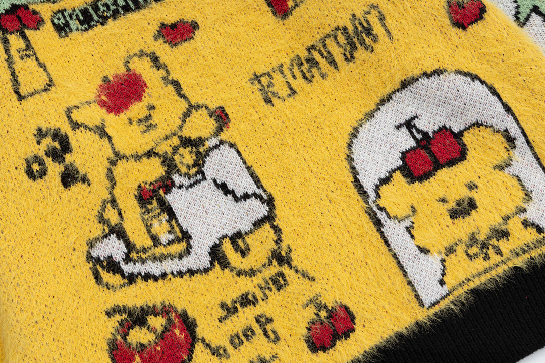 Polo Collar Fuzzy Knit Sweater Cartoon Bear Full Jacquard