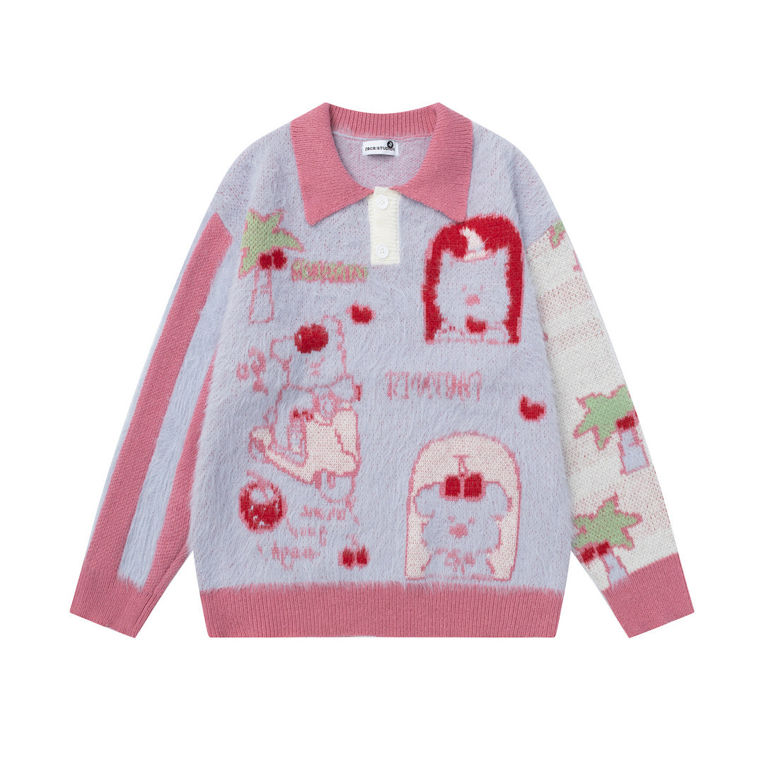 Polo Collar Fuzzy Knit Sweater Cartoon Bear Full Jacquard