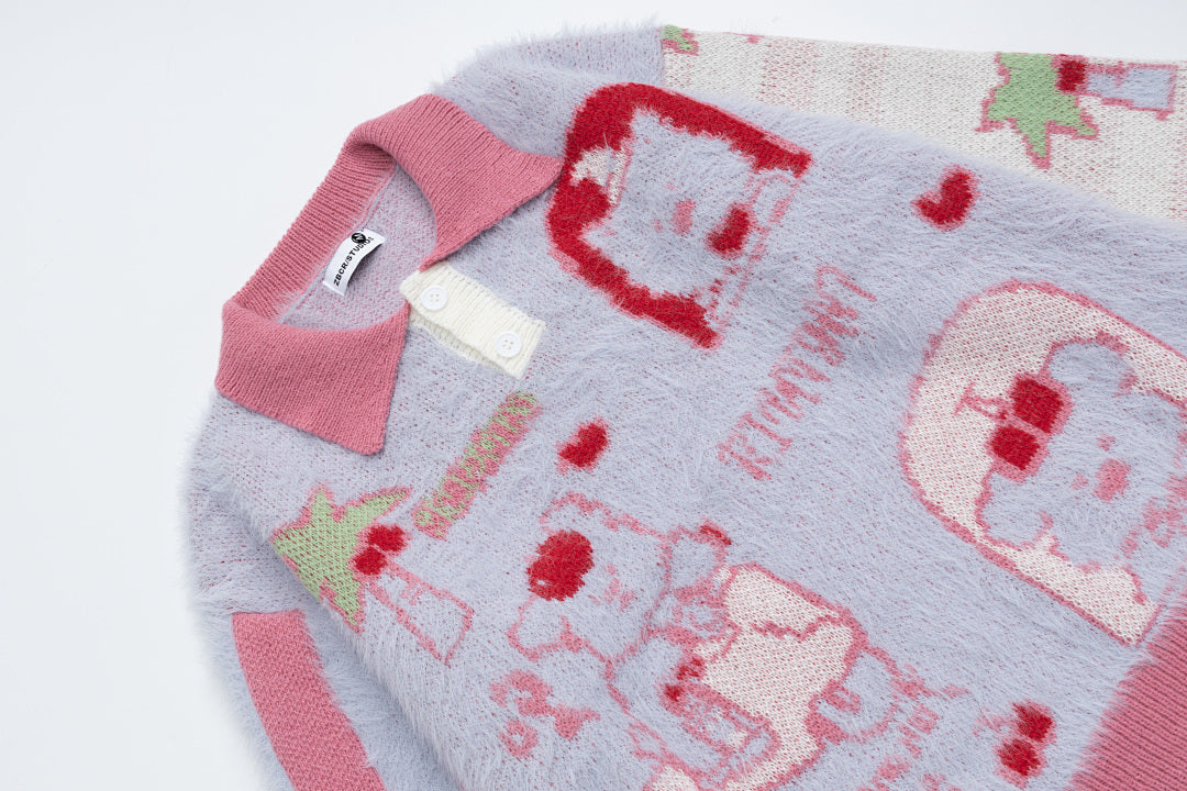 Polo Collar Fuzzy Knit Sweater Cartoon Bear Full Jacquard
