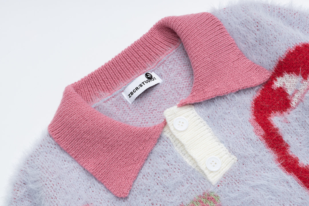 Polo Collar Fuzzy Knit Sweater Cartoon Bear Full Jacquard