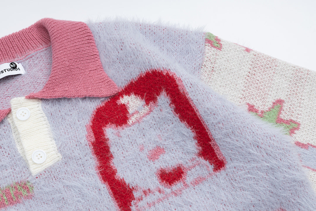 Polo Collar Fuzzy Knit Sweater Cartoon Bear Full Jacquard