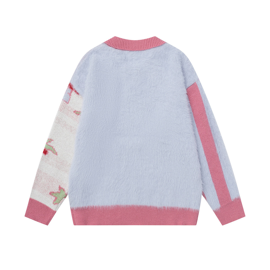 Polo Collar Fuzzy Knit Sweater Cartoon Bear Full Jacquard