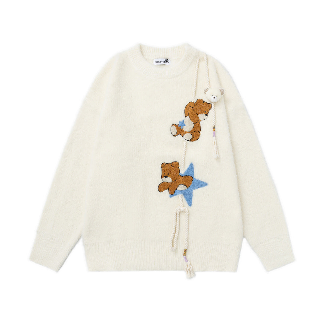 3D Bear Star Applique Fuzzy Crewneck Sweater