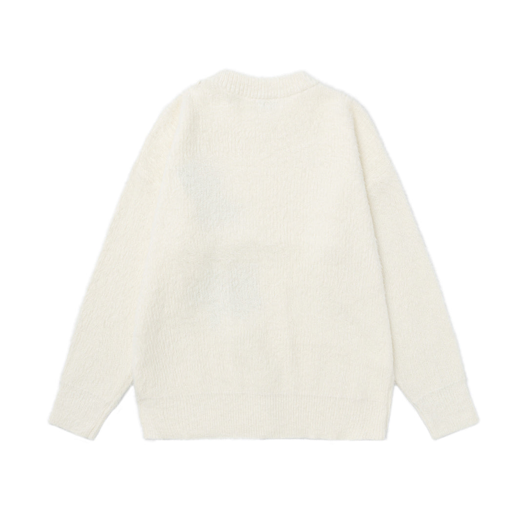 3D Bear Star Applique Fuzzy Crewneck Sweater