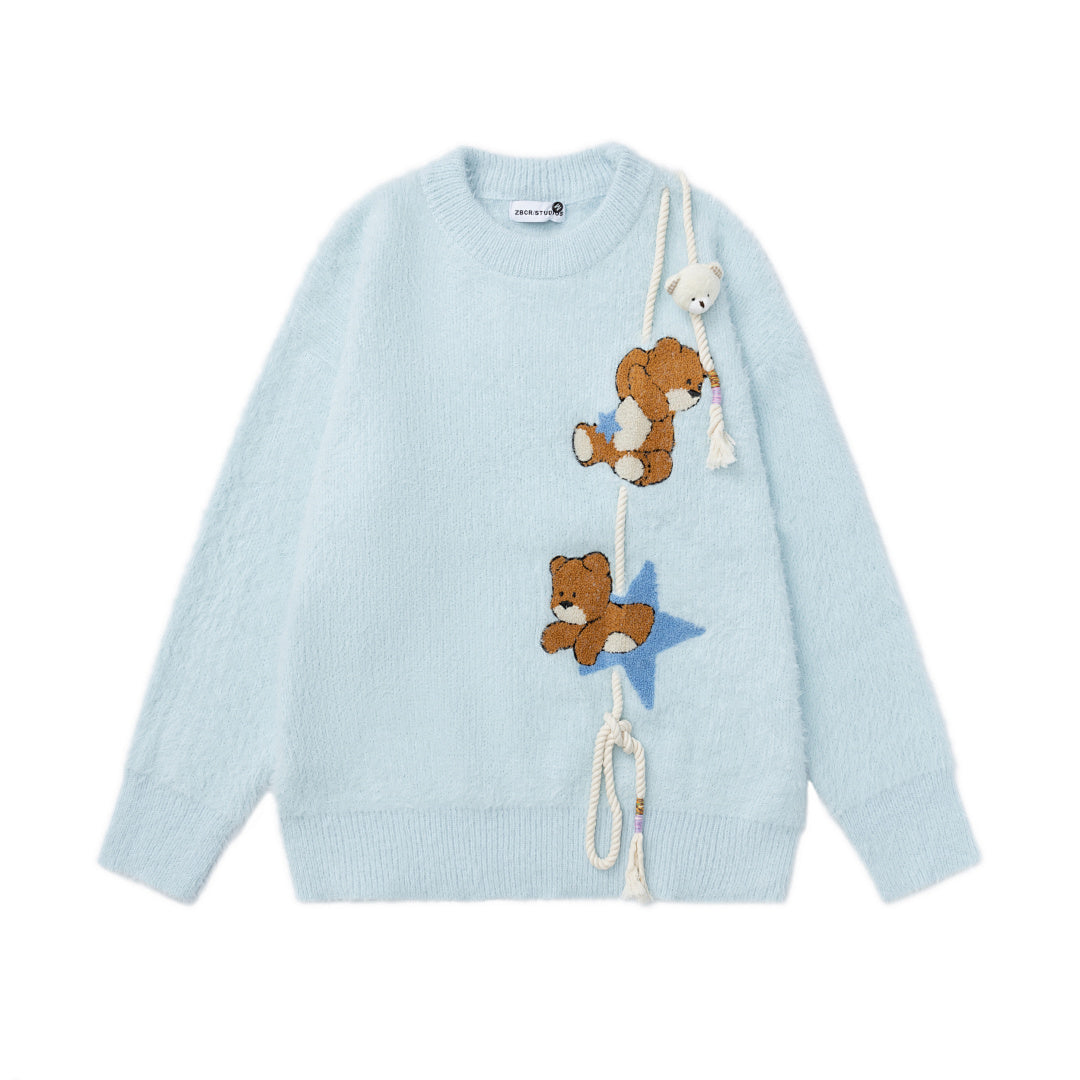 3D Bear Star Applique Fuzzy Crewneck Sweater