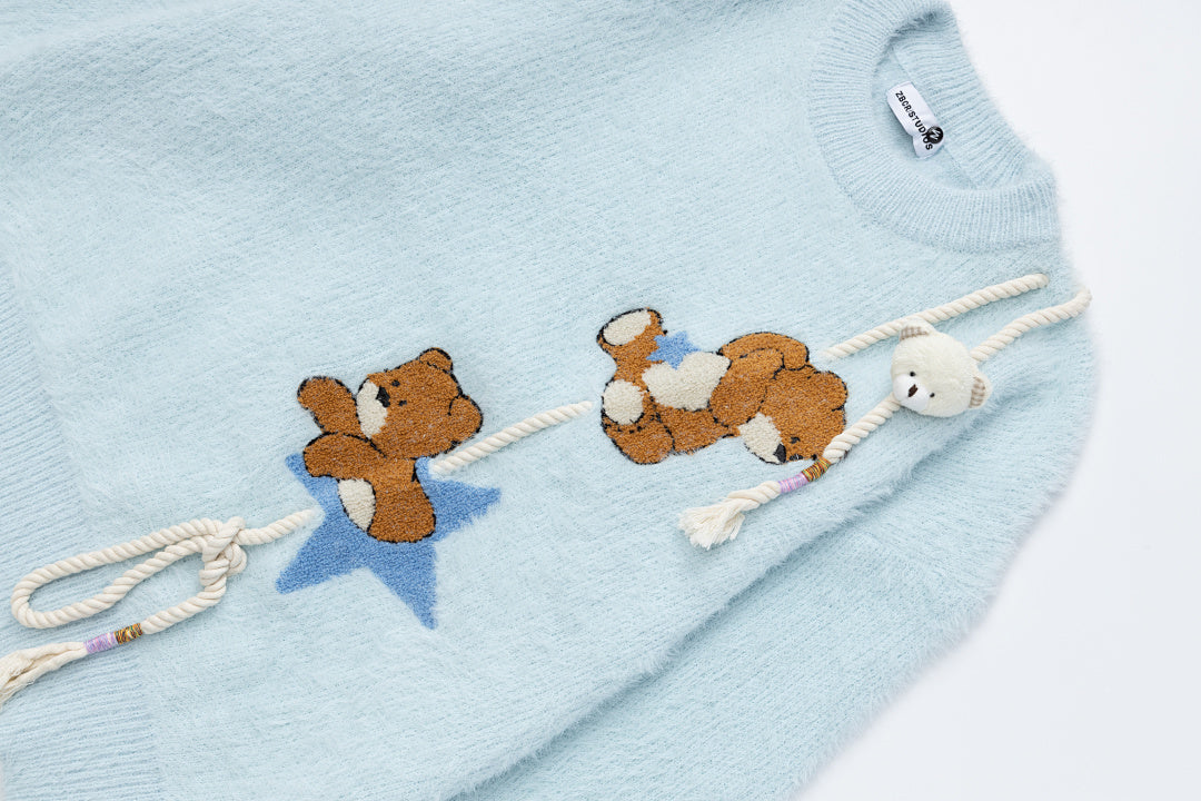 3D Bear Star Applique Fuzzy Crewneck Sweater