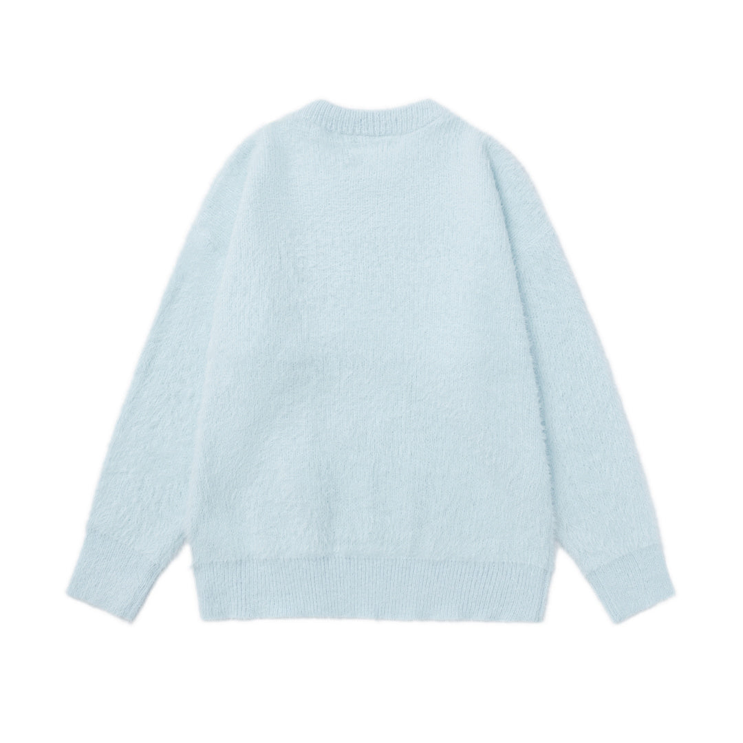 3D Bear Star Applique Fuzzy Crewneck Sweater