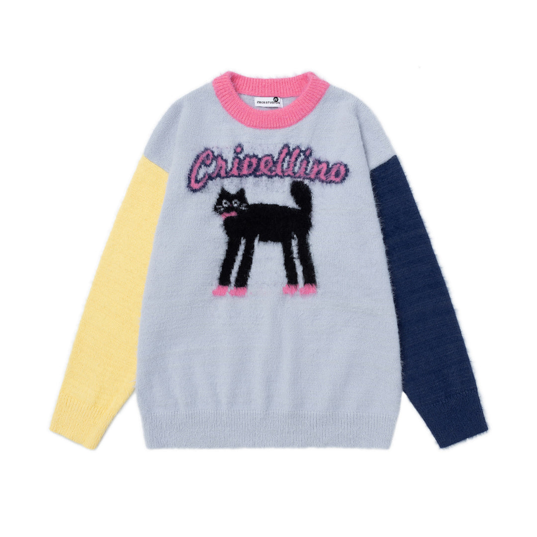 Color Block Sleeve Fuzzy Knit Sweater With Black Cat Graphic