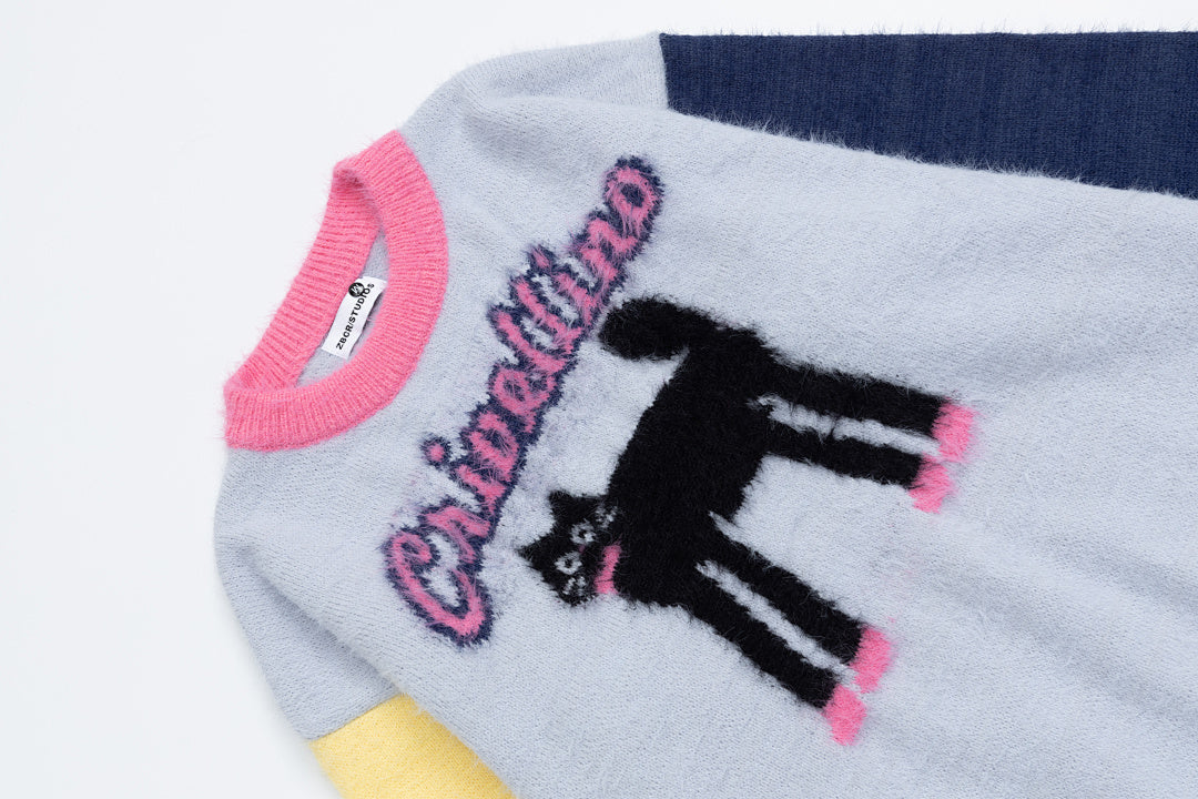 Color Block Sleeve Fuzzy Knit Sweater With Black Cat Graphic