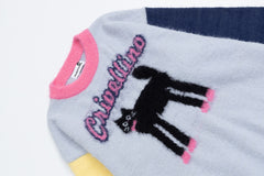 Color Block Sleeve Fuzzy Knit Sweater With Black Cat Graphic