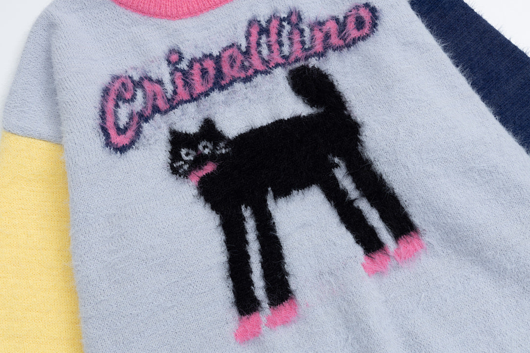Color Block Sleeve Fuzzy Knit Sweater With Black Cat Graphic