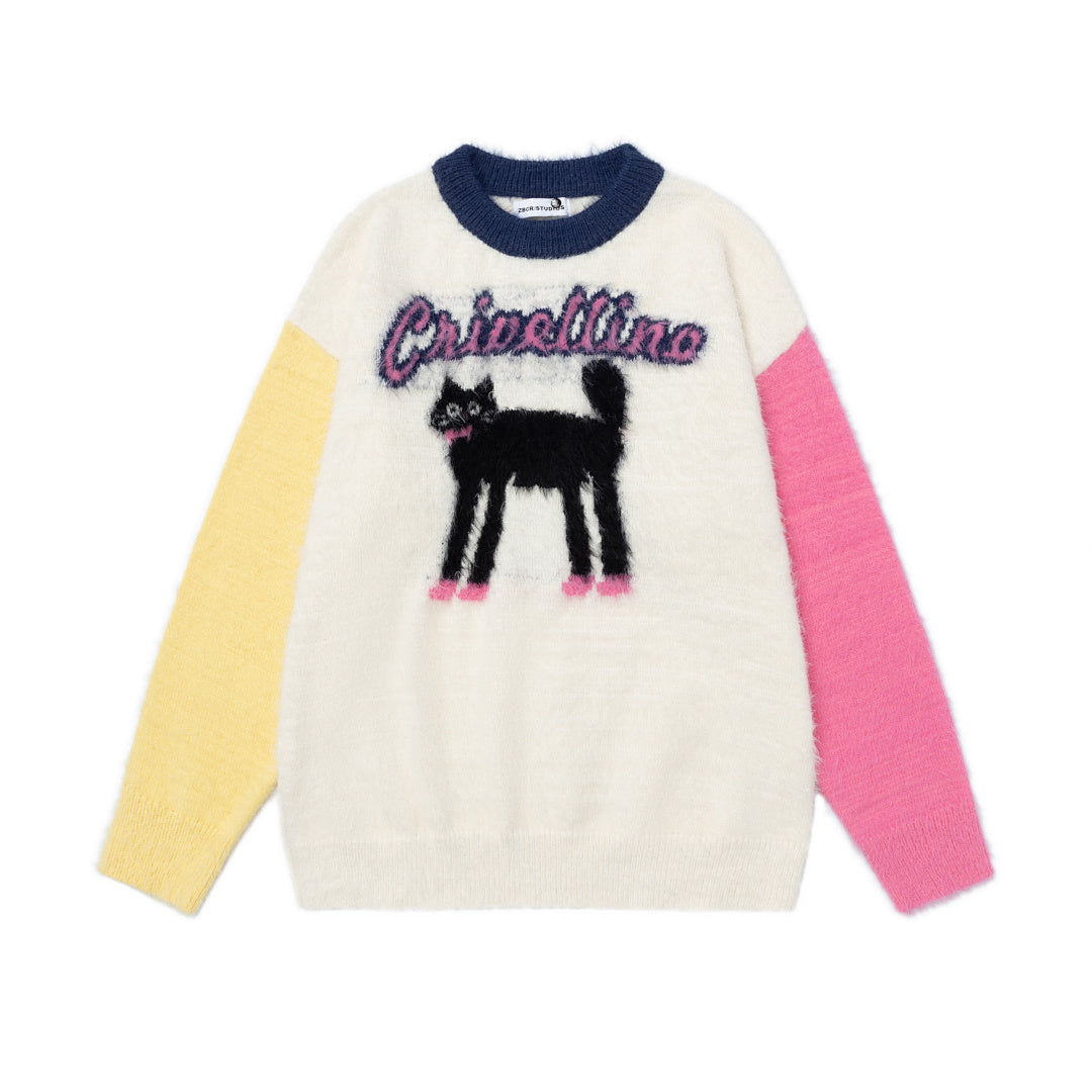 Color Block Sleeve Fuzzy Knit Sweater With Black Cat Graphic