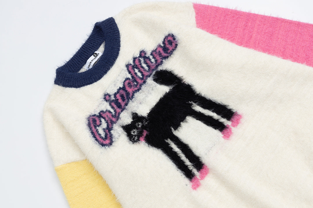Color Block Sleeve Fuzzy Knit Sweater With Black Cat Graphic