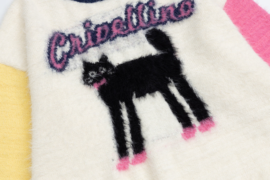 Color Block Sleeve Fuzzy Knit Sweater With Black Cat Graphic