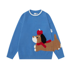 Cartoon Dachshund Jacquard Contrast Trim Crewneck Sweater
