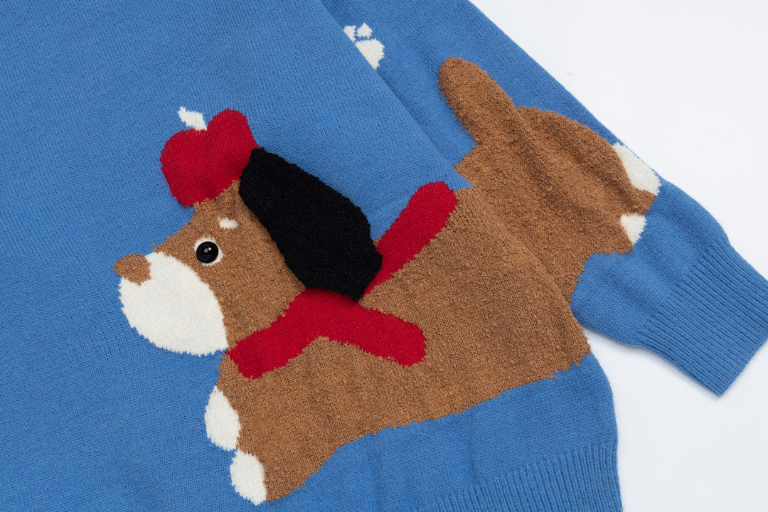 Cartoon Dachshund Jacquard Contrast Trim Crewneck Sweater