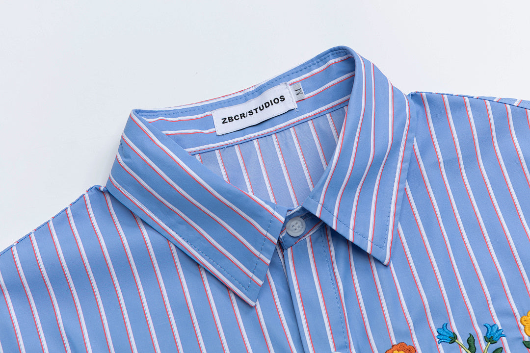 Blue Stripe Floral Embroidery Short Sleeve Shirt