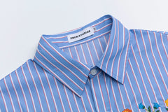 Blue Stripe Floral Embroidery Short Sleeve Shirt