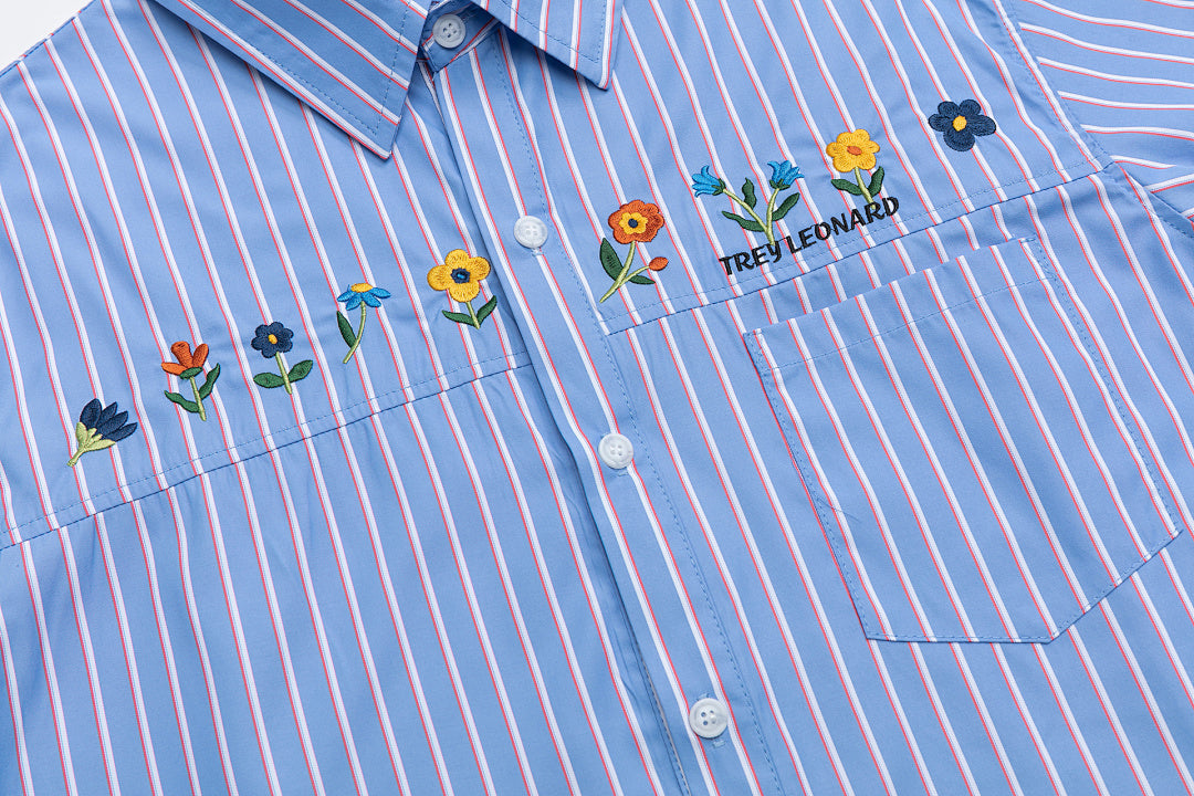 Blue Stripe Floral Embroidery Short Sleeve Shirt