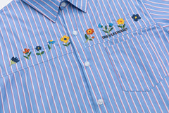 Blue Stripe Floral Embroidery Short Sleeve Shirt