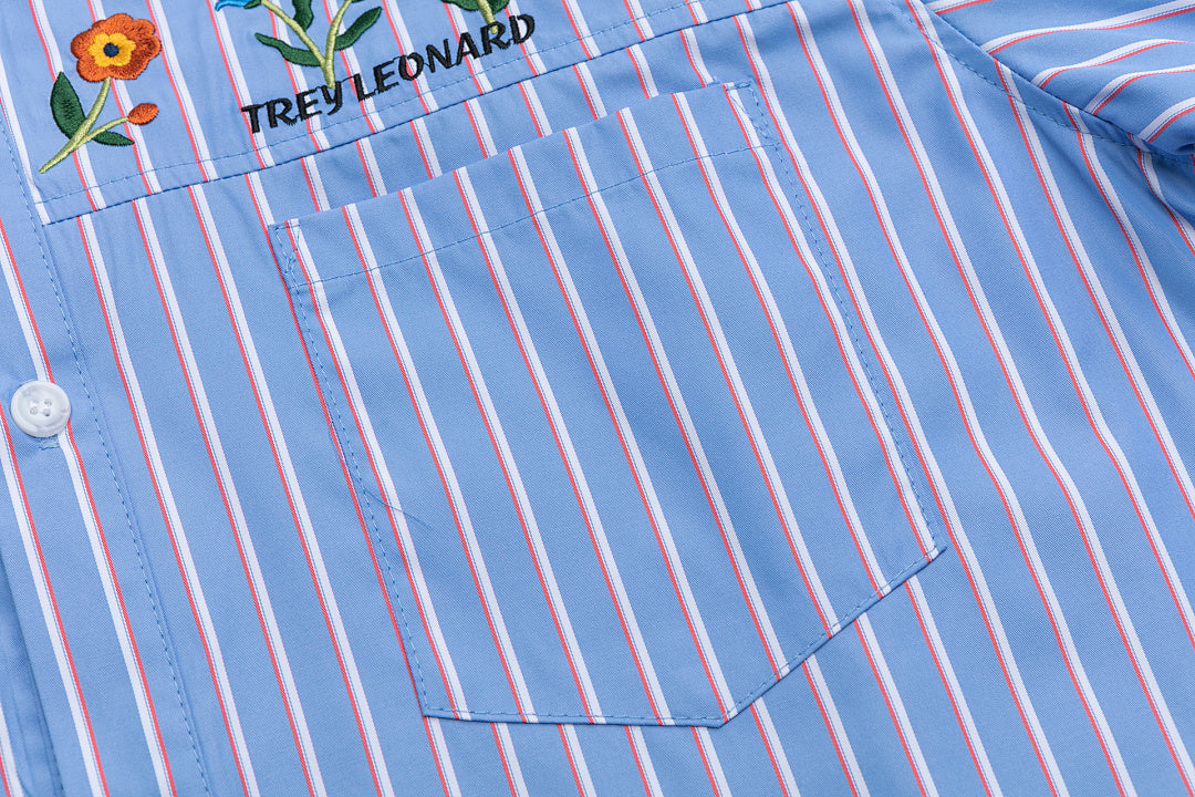 Blue Stripe Floral Embroidery Short Sleeve Shirt