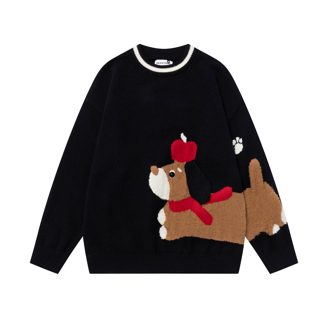 Cartoon Dachshund Jacquard Contrast Trim Crewneck Sweater