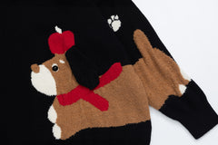 Cartoon Dachshund Jacquard Contrast Trim Crewneck Sweater