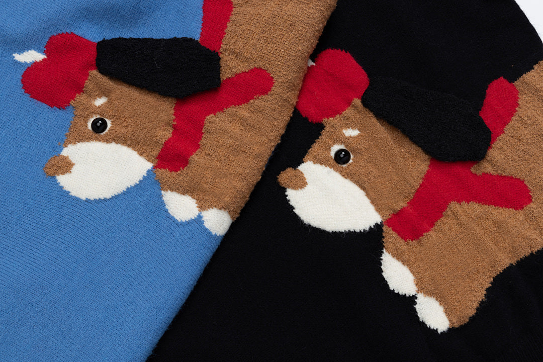 Cartoon Dachshund Jacquard Contrast Trim Crewneck Sweater