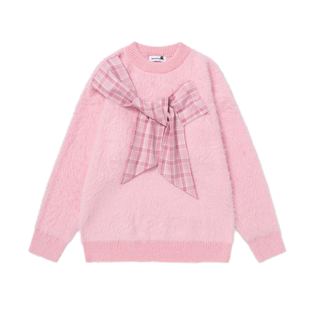 Fuzzy Crewneck Sweater With Large Plaid Bow Appliqué