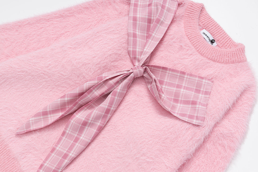 Fuzzy Crewneck Sweater With Large Plaid Bow Appliqué