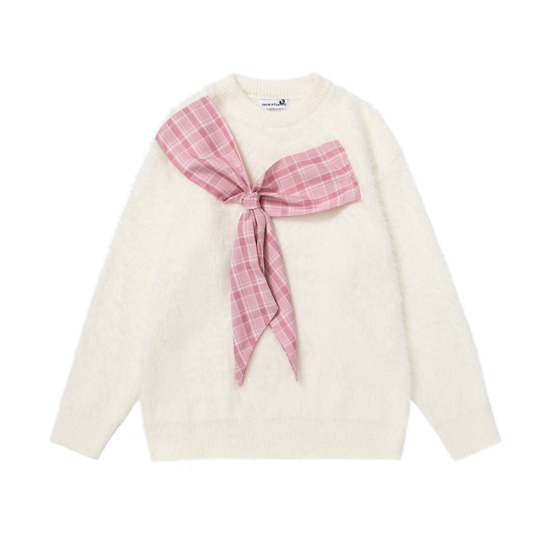 Fuzzy Crewneck Sweater With Large Plaid Bow Appliqué