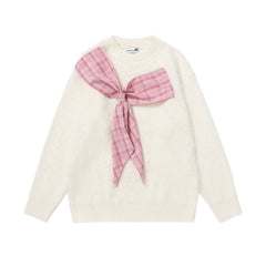 Fuzzy Crewneck Sweater With Large Plaid Bow Appliqué