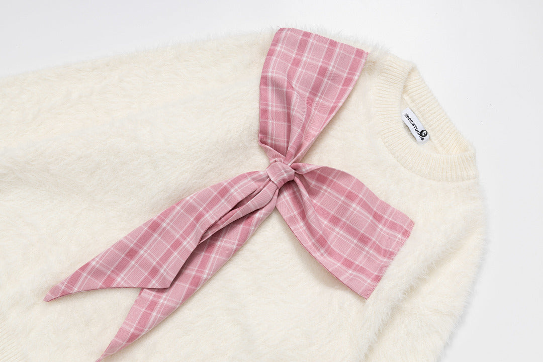 Fuzzy Crewneck Sweater With Large Plaid Bow Appliqué