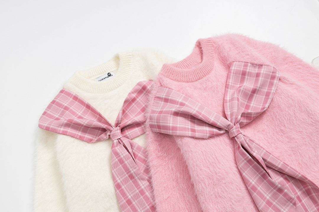 Fuzzy Crewneck Sweater With Large Plaid Bow Appliqué